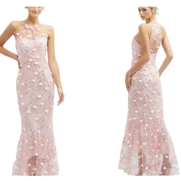 NWT Dessy Collection 3D Embroidery Floral Mermaid Gown Light Pink Tulle Sequin 8